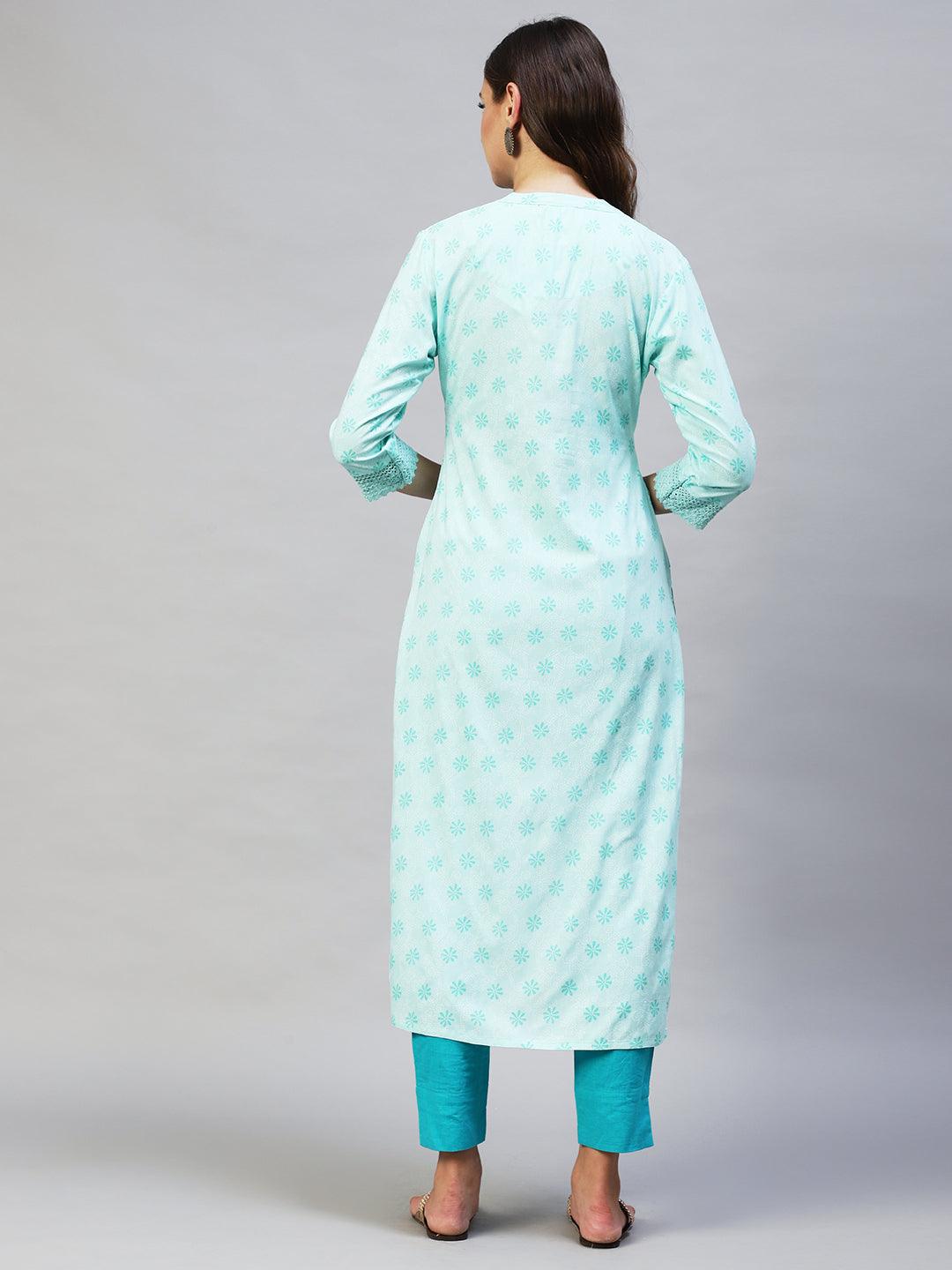 Ethnic Printed & Hand Embroidered Straight Fit Kurta - Aqua blue - Indiakreations