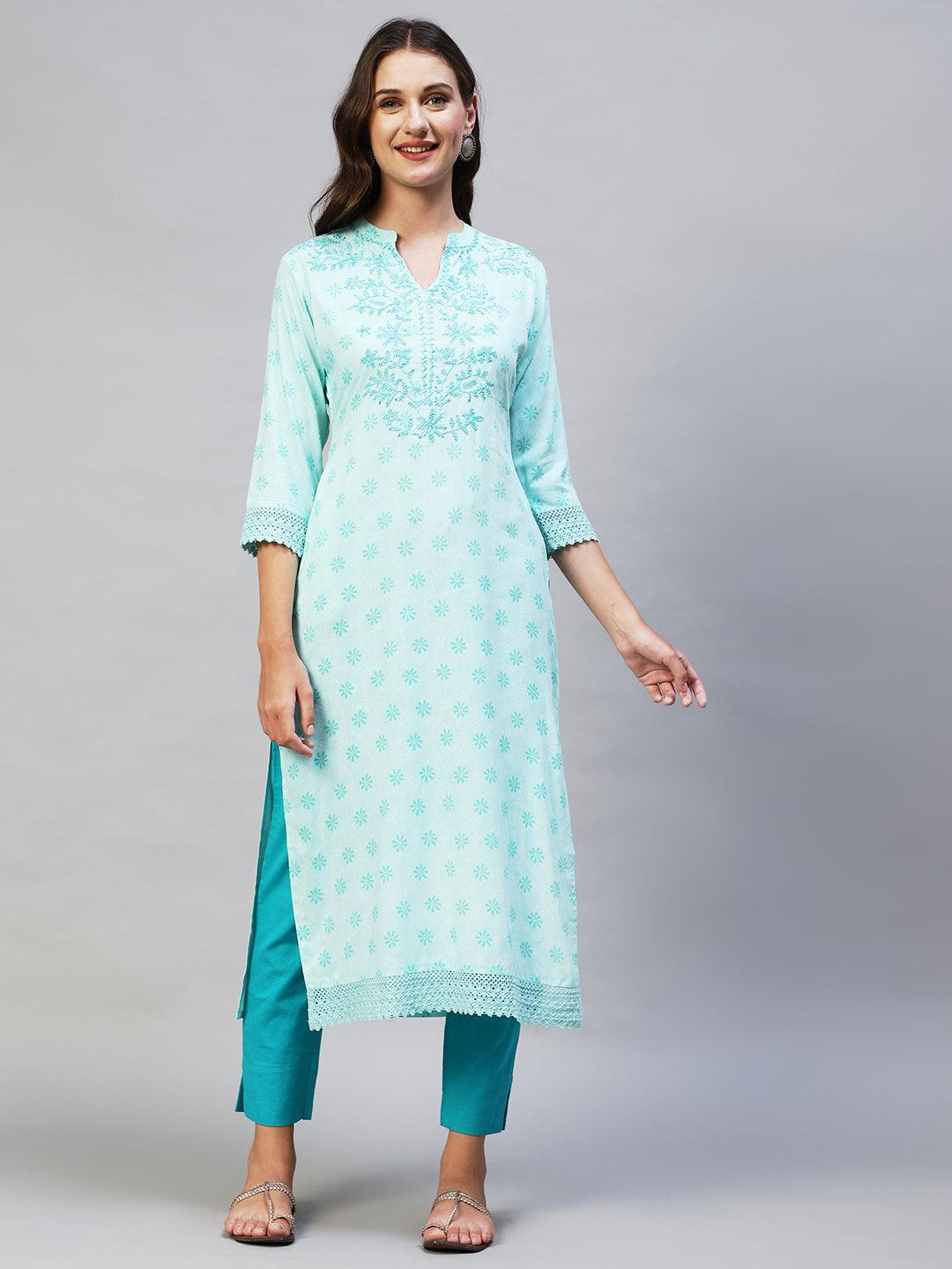 Ethnic Printed & Hand Embroidered Straight Fit Kurta - Aqua blue - Indiakreations