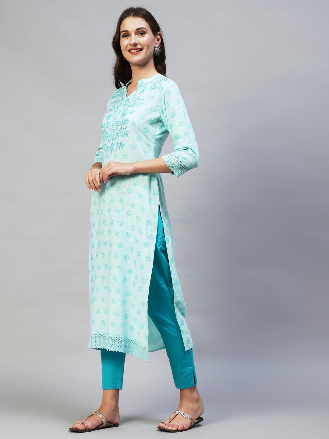 Ethnic Printed & Hand Embroidered Straight Fit Kurta - Aqua blue - Indiakreations