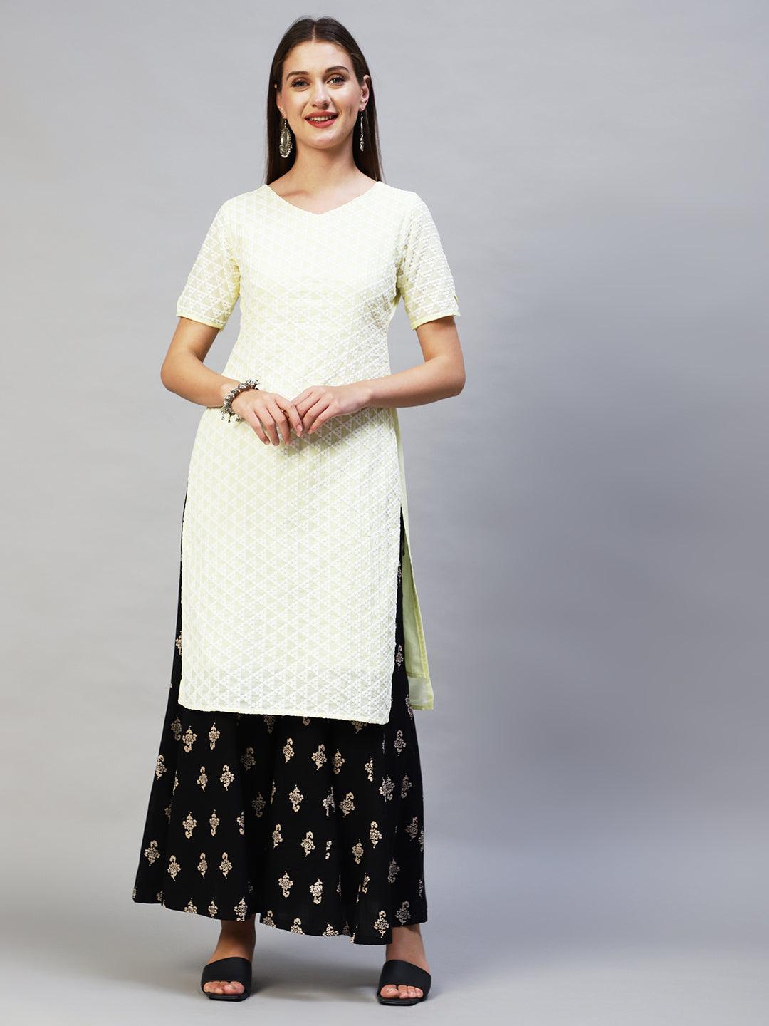 Ethnic Chikankari Embroidered Straight Fit Kurta - Pale Yellow - Indiakreations