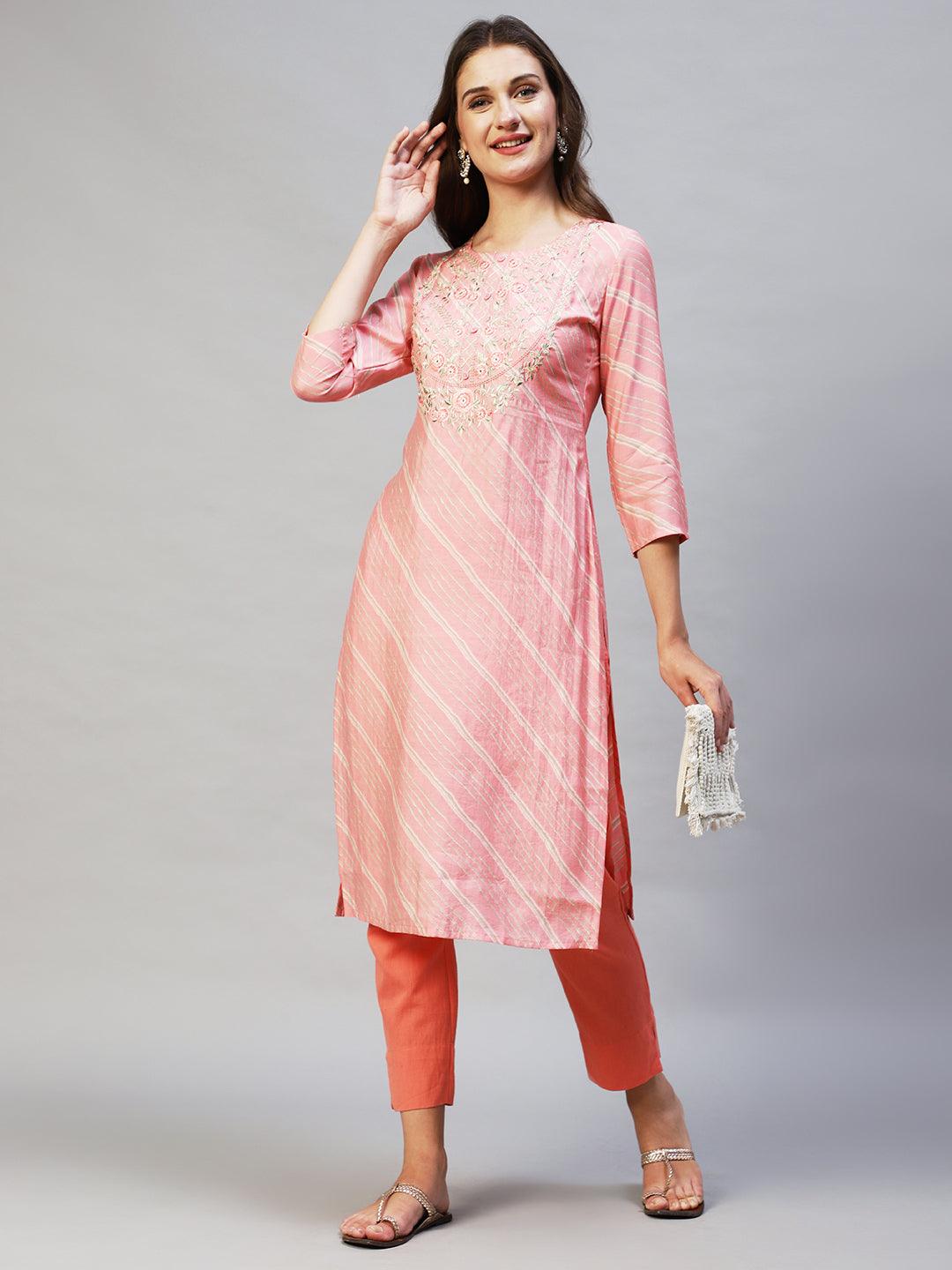 Leheriya Printed & Embroidered Straight Fit Kurta - Light Pink - Indiakreations