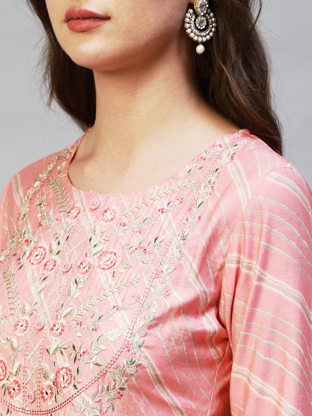 Leheriya Printed & Embroidered Straight Fit Kurta - Light Pink - Indiakreations