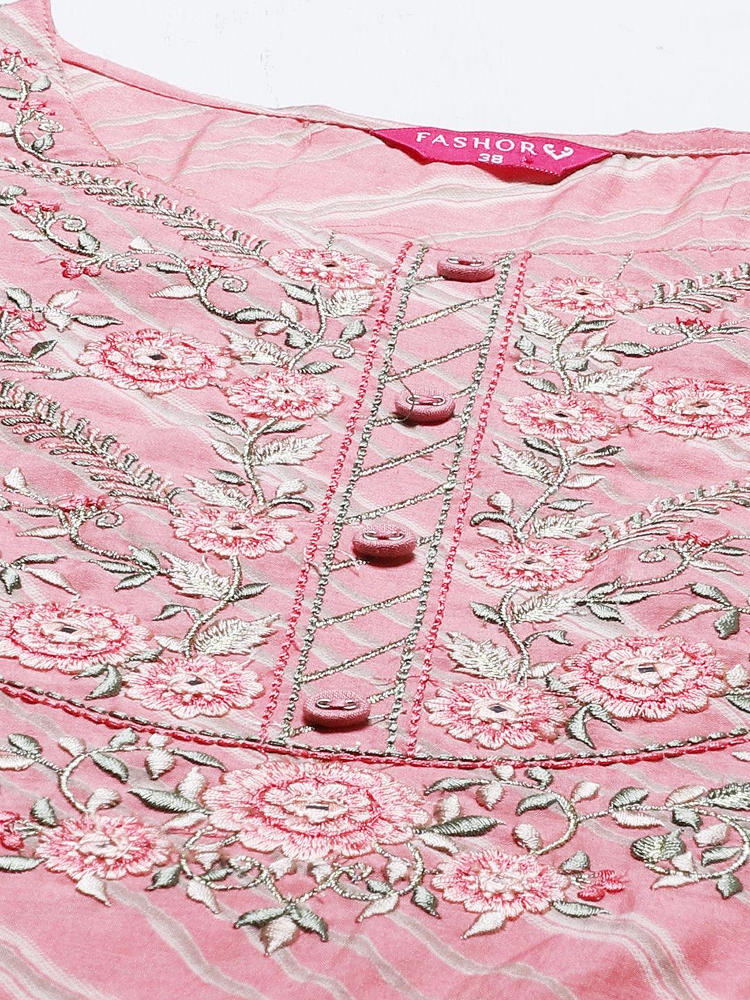 Leheriya Printed & Embroidered Straight Fit Kurta - Light Pink - Indiakreations