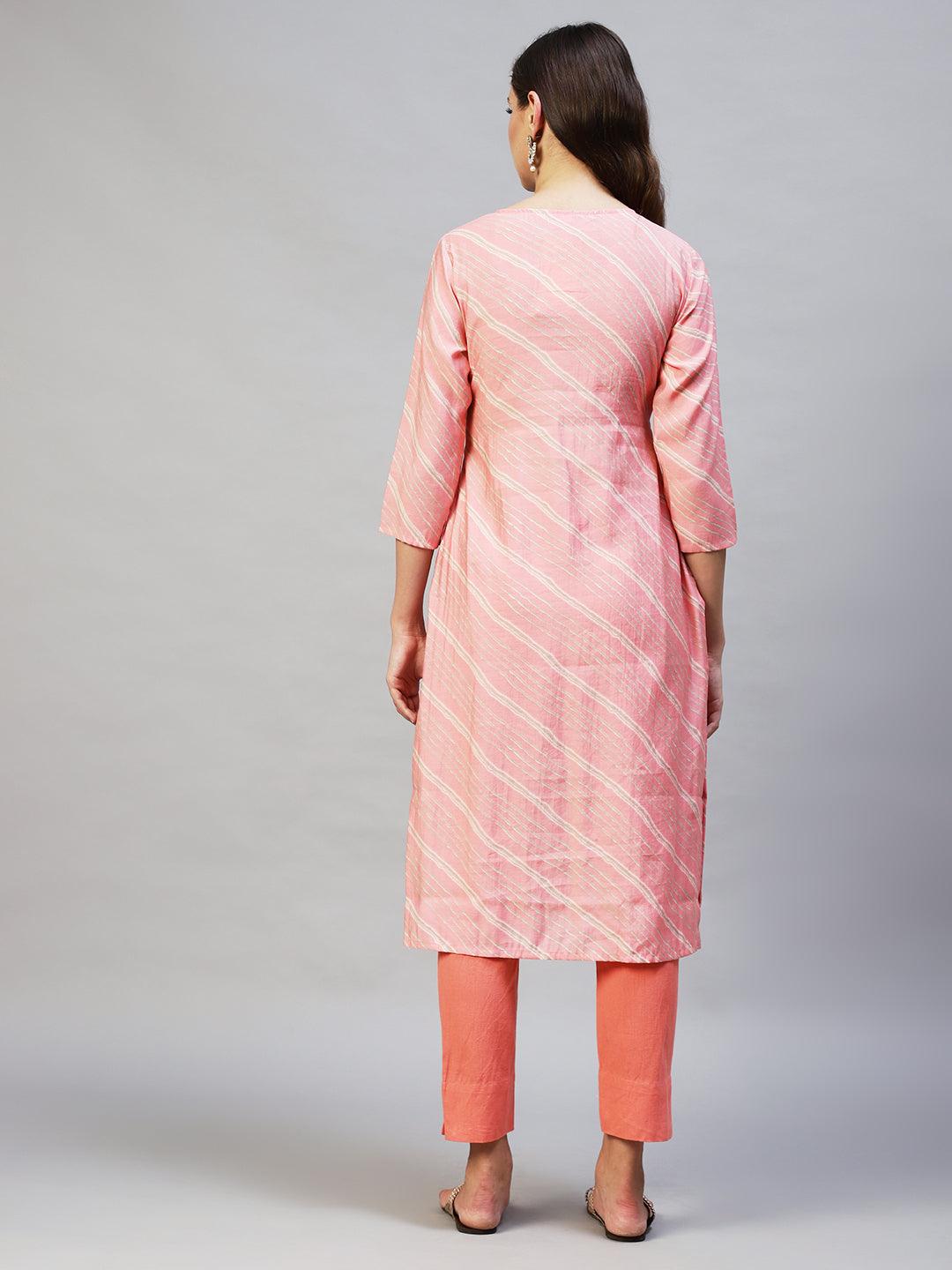 Leheriya Printed & Embroidered Straight Fit Kurta - Light Pink - Indiakreations