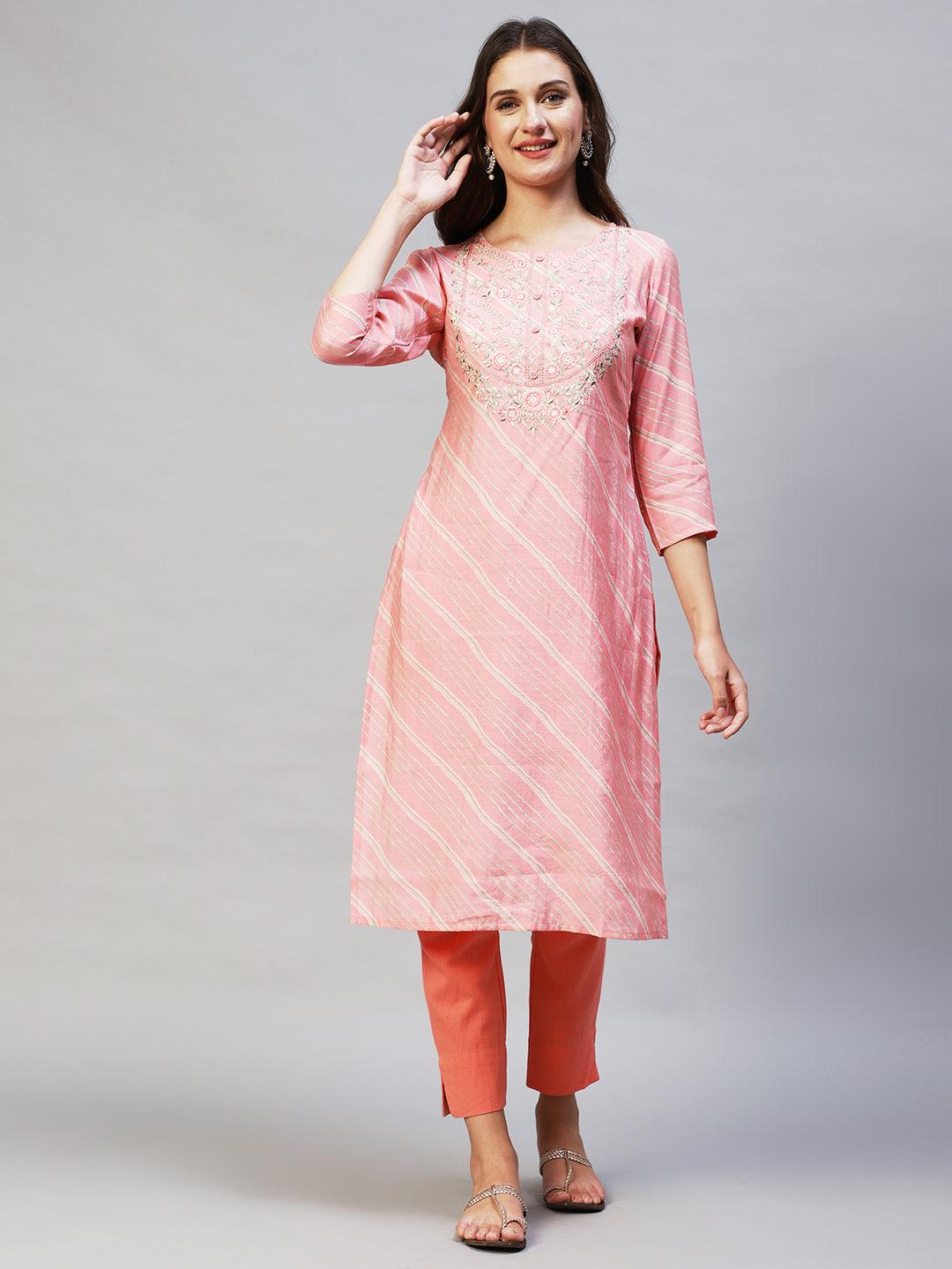 Leheriya Printed & Embroidered Straight Fit Kurta - Light Pink - Indiakreations