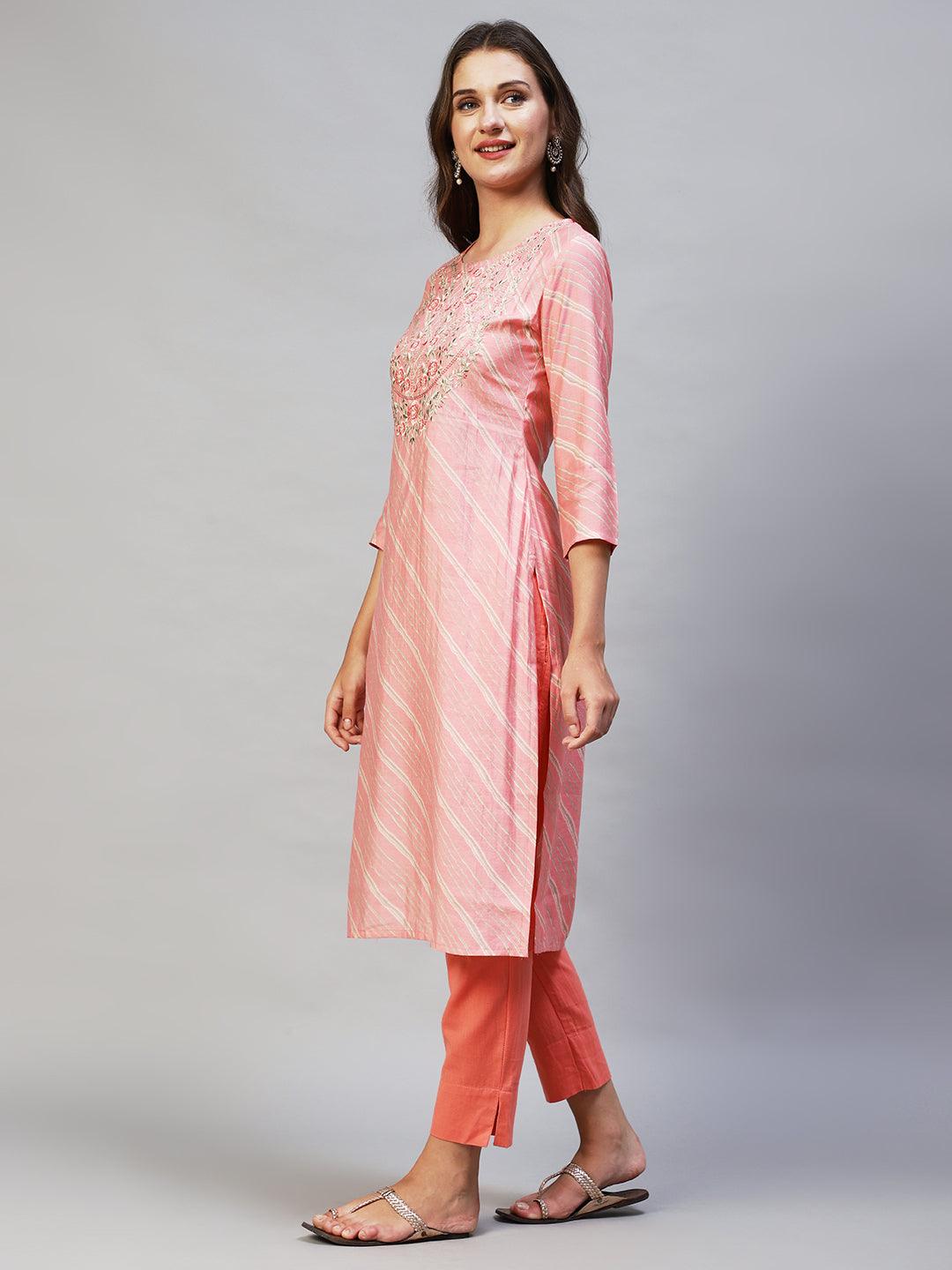 Leheriya Printed & Embroidered Straight Fit Kurta - Light Pink - Indiakreations