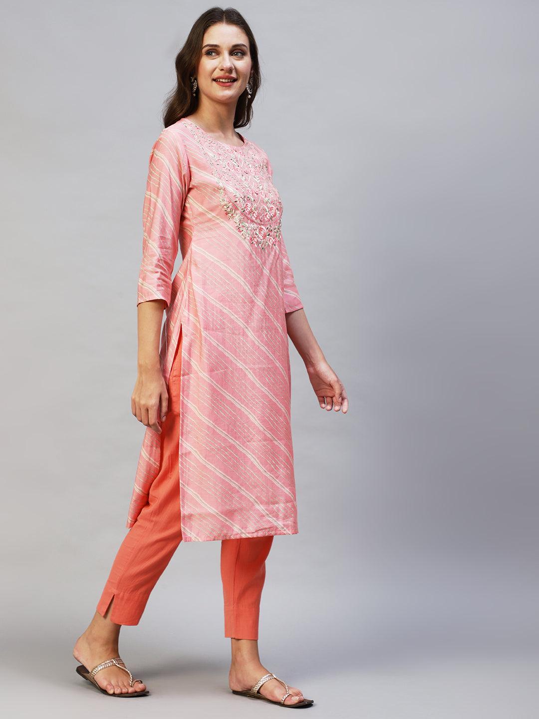 Leheriya Printed & Embroidered Straight Fit Kurta - Light Pink - Indiakreations