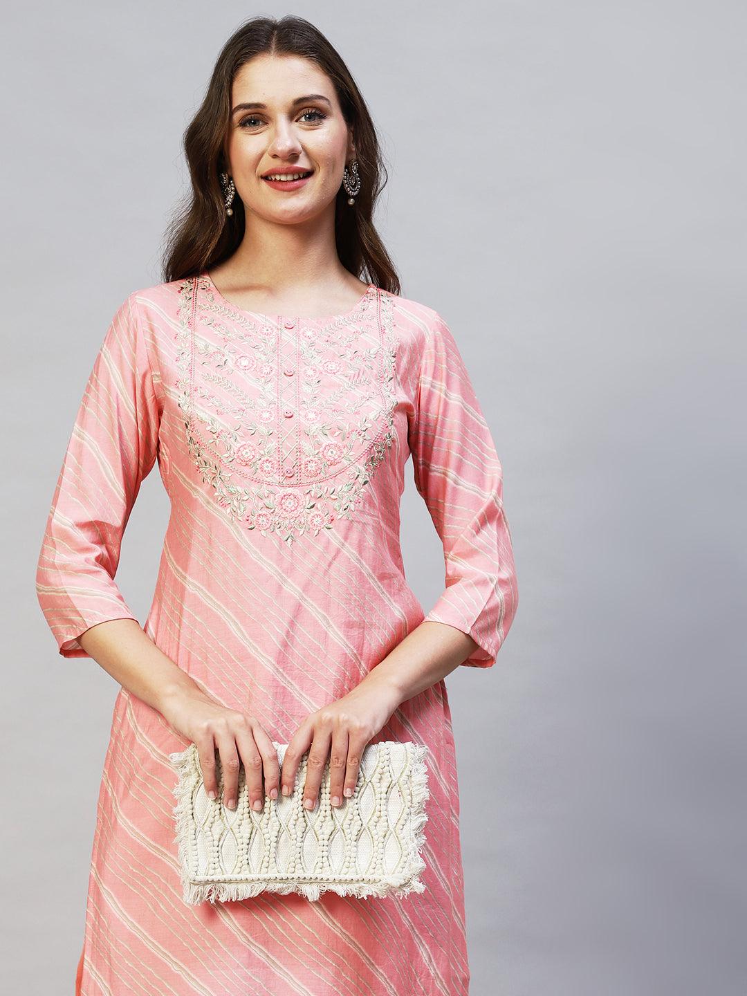 Leheriya Printed & Embroidered Straight Fit Kurta - Light Pink - Indiakreations