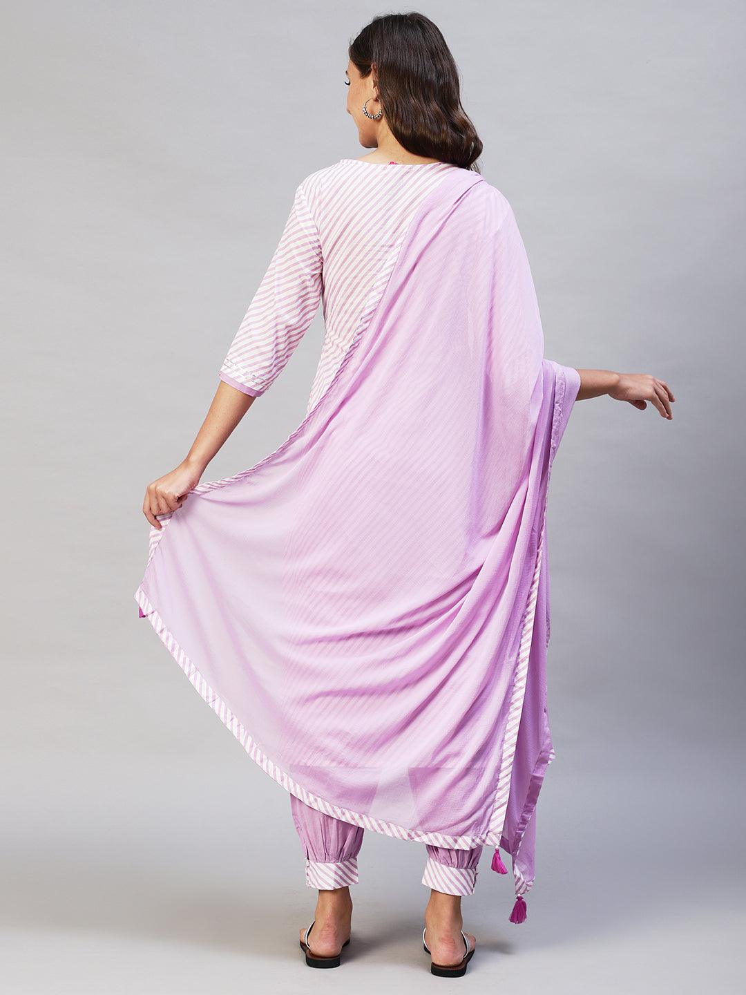 Leheriya Printed & Embroidered Kurta with Pants & Dupatta - Purple - Indiakreations