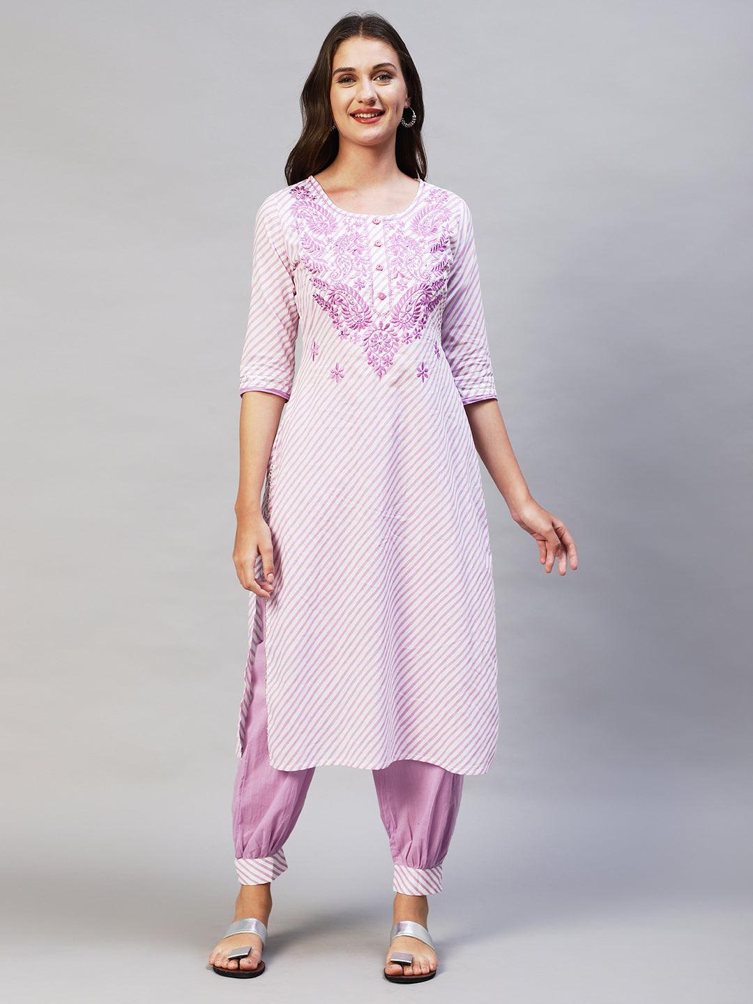 Leheriya Printed & Embroidered Kurta with Pants & Dupatta - Purple - Indiakreations