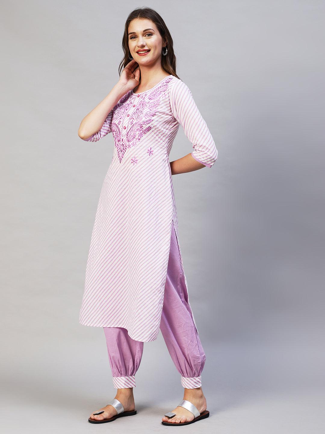 Leheriya Printed & Embroidered Kurta with Pants & Dupatta - Purple - Indiakreations