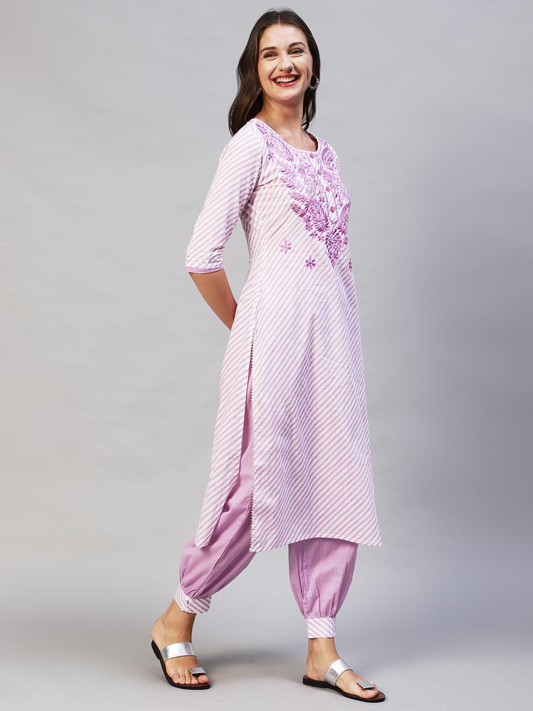 Leheriya Printed & Embroidered Kurta with Pants & Dupatta - Purple - Indiakreations