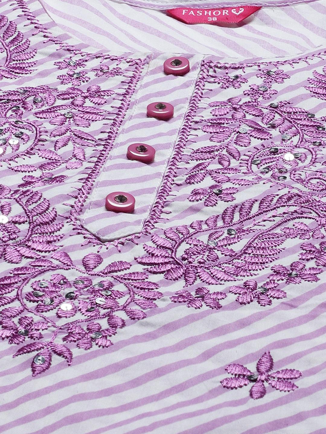 Leheriya Printed & Embroidered Kurta with Pants & Dupatta - Purple - Indiakreations