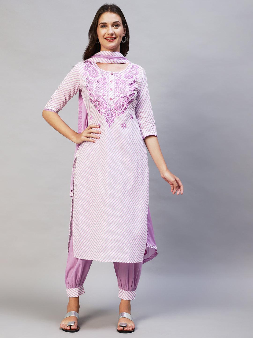 Leheriya Printed & Embroidered Kurta with Pants & Dupatta - Purple - Indiakreations