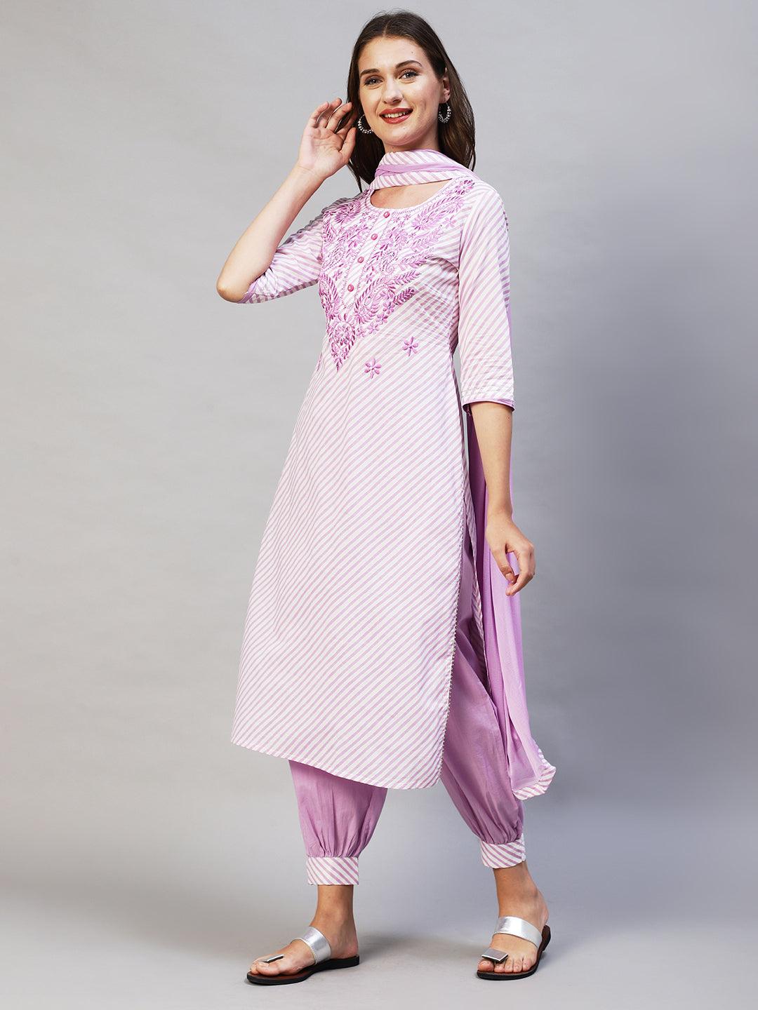 Leheriya Printed & Embroidered Kurta with Pants & Dupatta - Purple - Indiakreations