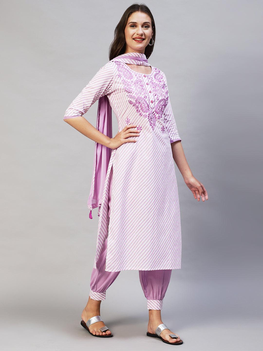 Leheriya Printed & Embroidered Kurta with Pants & Dupatta - Purple - Indiakreations