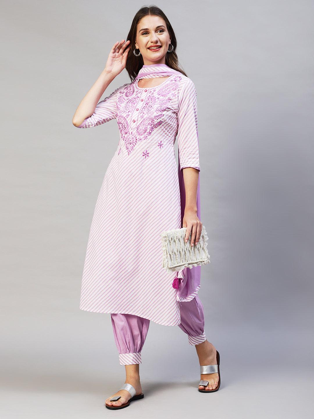 Leheriya Printed & Embroidered Kurta with Pants & Dupatta - Purple - Indiakreations