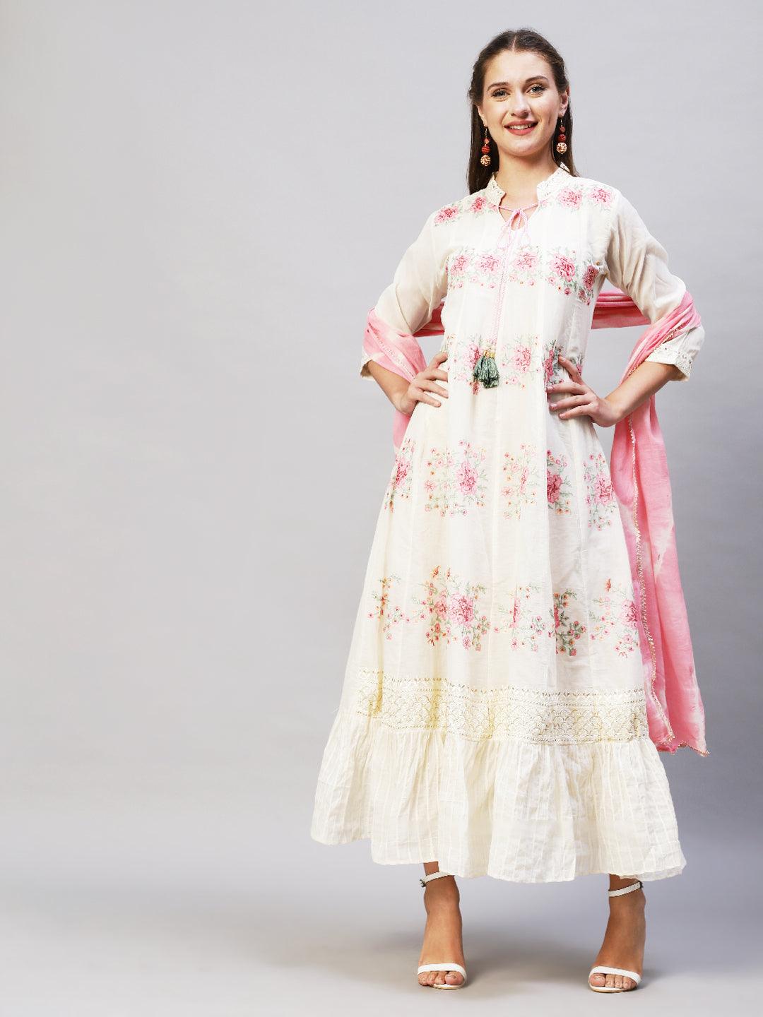 Floral Embroidered Anarkali Flared Maxi Dress with Dupatta - Cream - Indiakreations