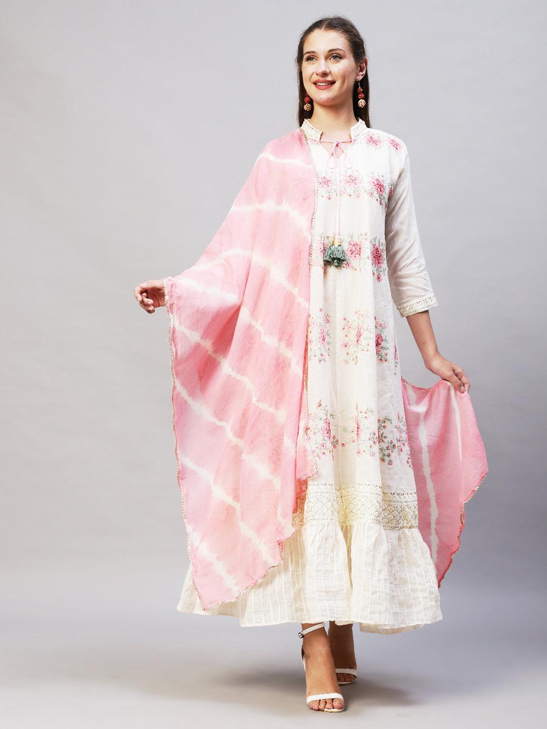 Floral Embroidered Anarkali Flared Maxi Dress with Dupatta - Cream - Indiakreations