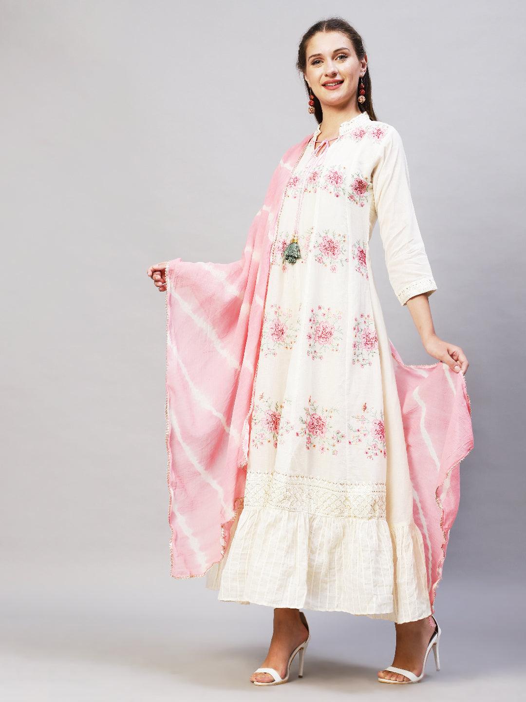 Floral Embroidered Anarkali Flared Maxi Dress with Dupatta - Cream - Indiakreations