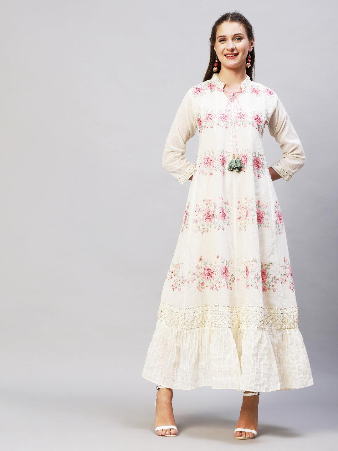 Floral Embroidered Anarkali Flared Maxi Dress with Dupatta - Cream - Indiakreations