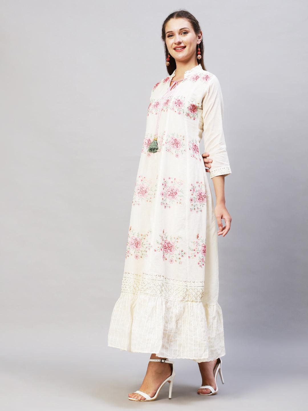 Floral Embroidered Anarkali Flared Maxi Dress with Dupatta - Cream - Indiakreations