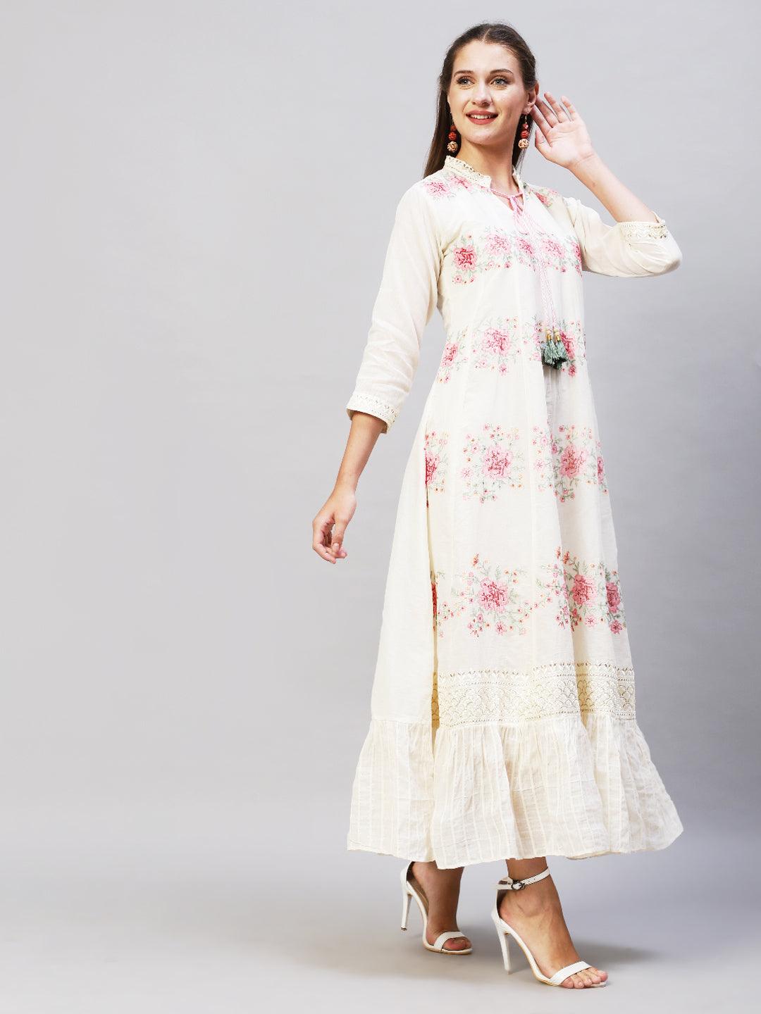 Floral Embroidered Anarkali Flared Maxi Dress with Dupatta - Cream - Indiakreations