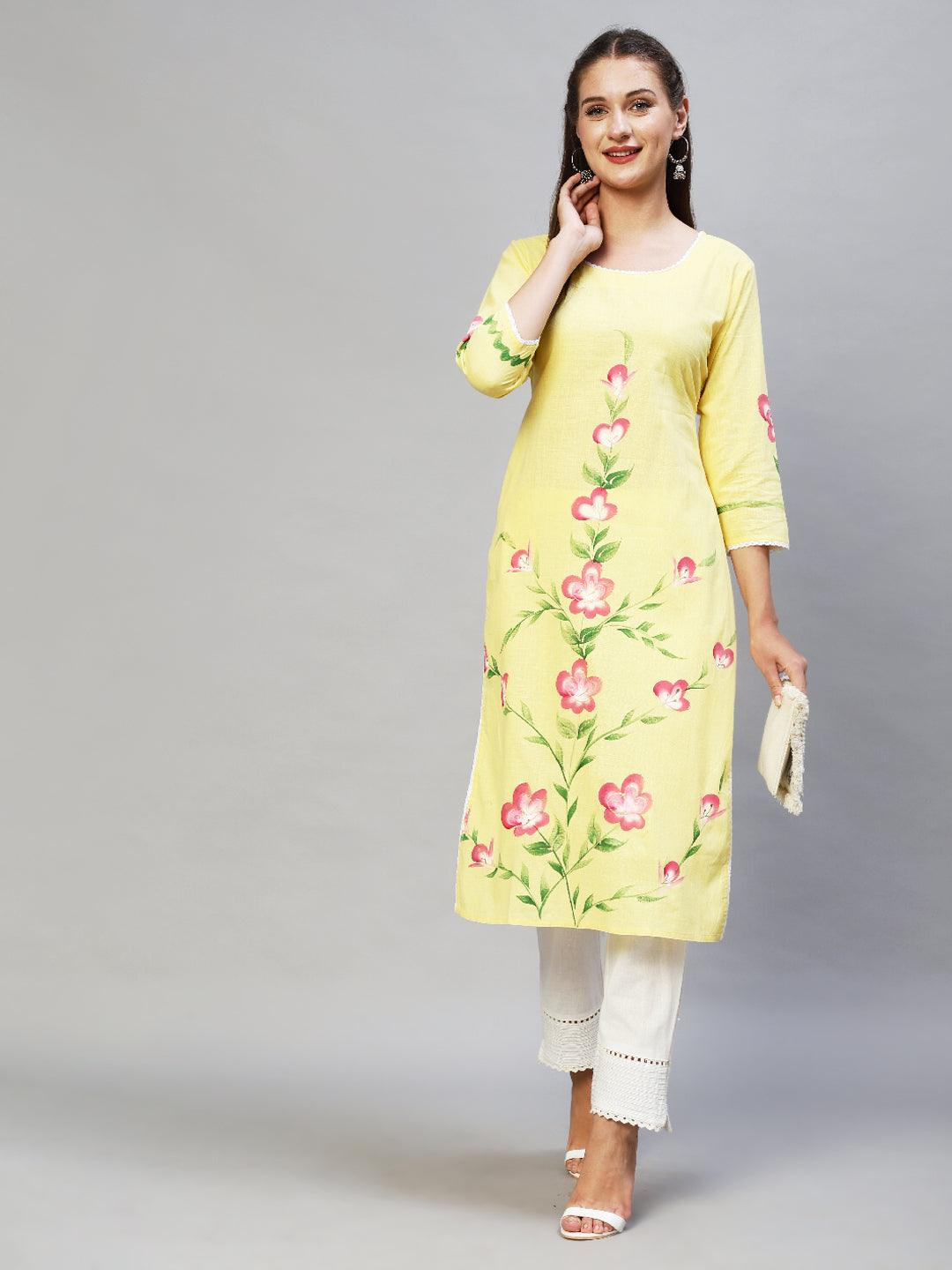 Floral Hand Painted Straight Fit Kurta - Yellow - Indiakreations