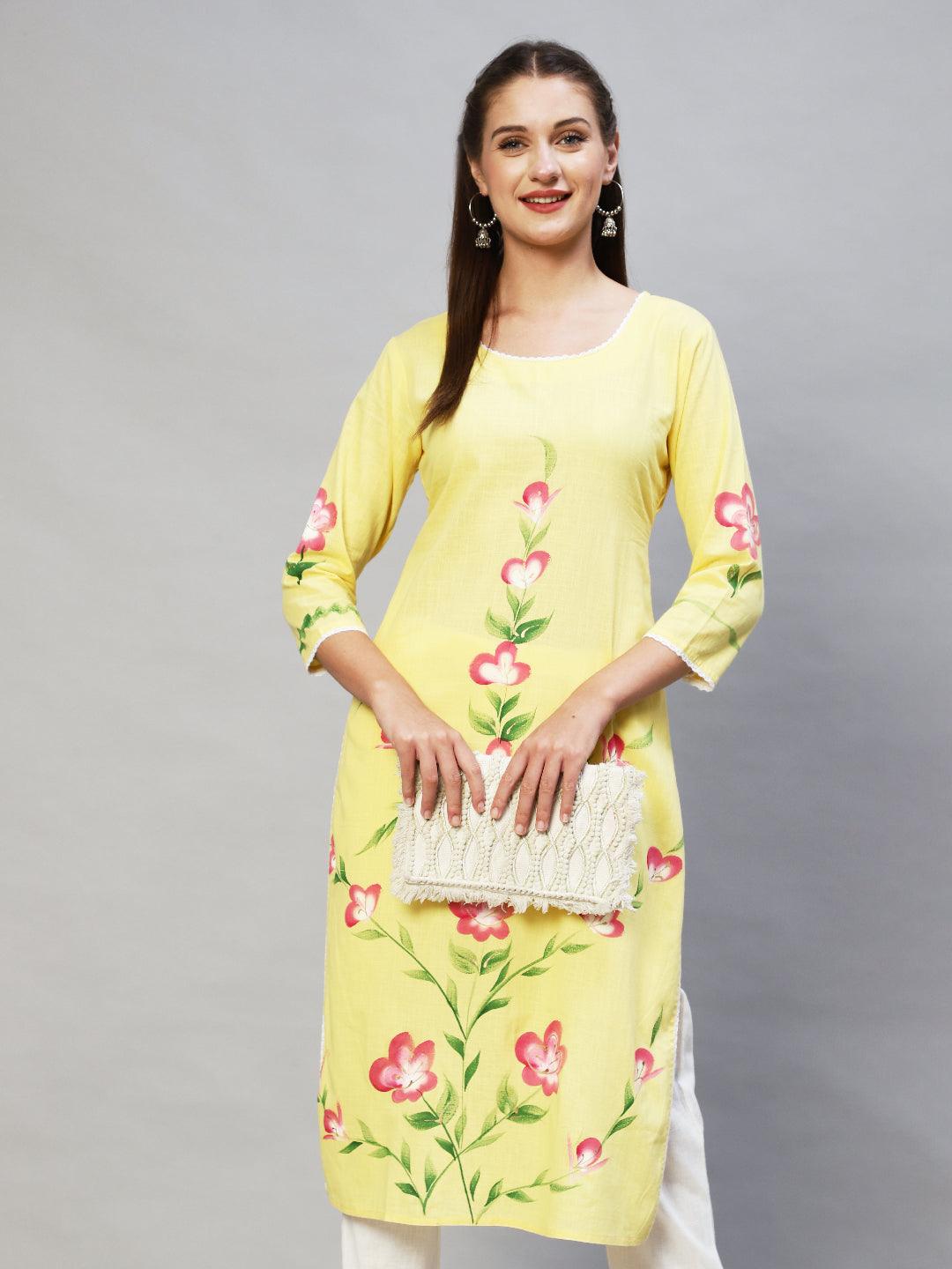 Floral Hand Painted Straight Fit Kurta - Yellow - Indiakreations