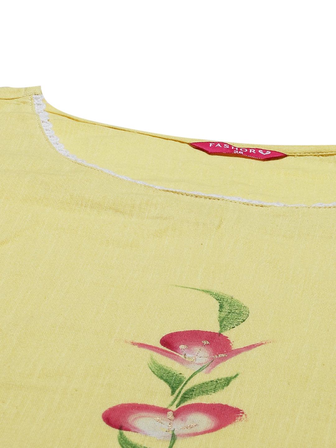 Floral Hand Painted Straight Fit Kurta - Yellow - Indiakreations