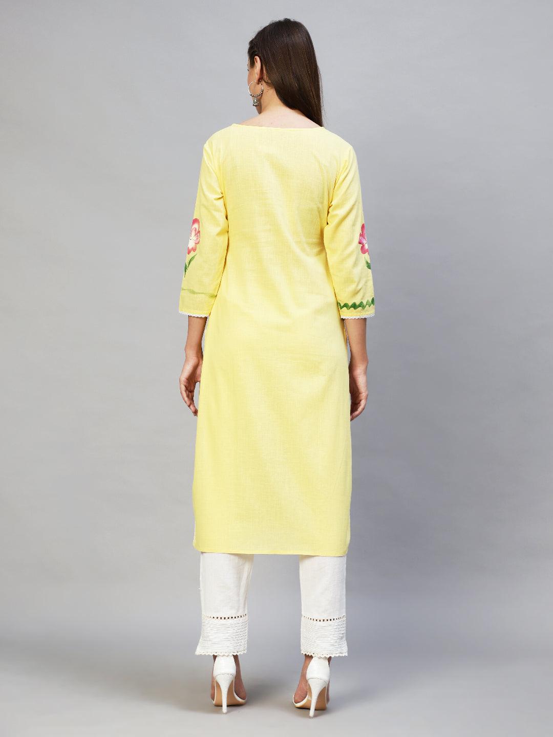 Floral Hand Painted Straight Fit Kurta - Yellow - Indiakreations