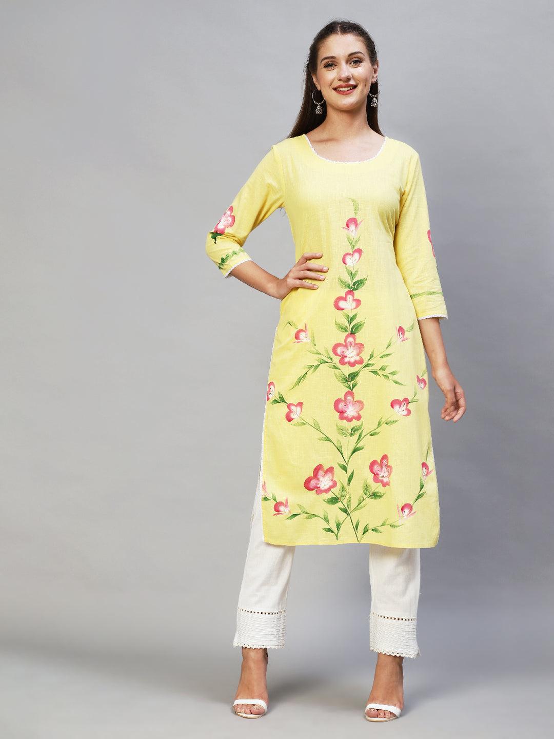 Floral Hand Painted Straight Fit Kurta - Yellow - Indiakreations