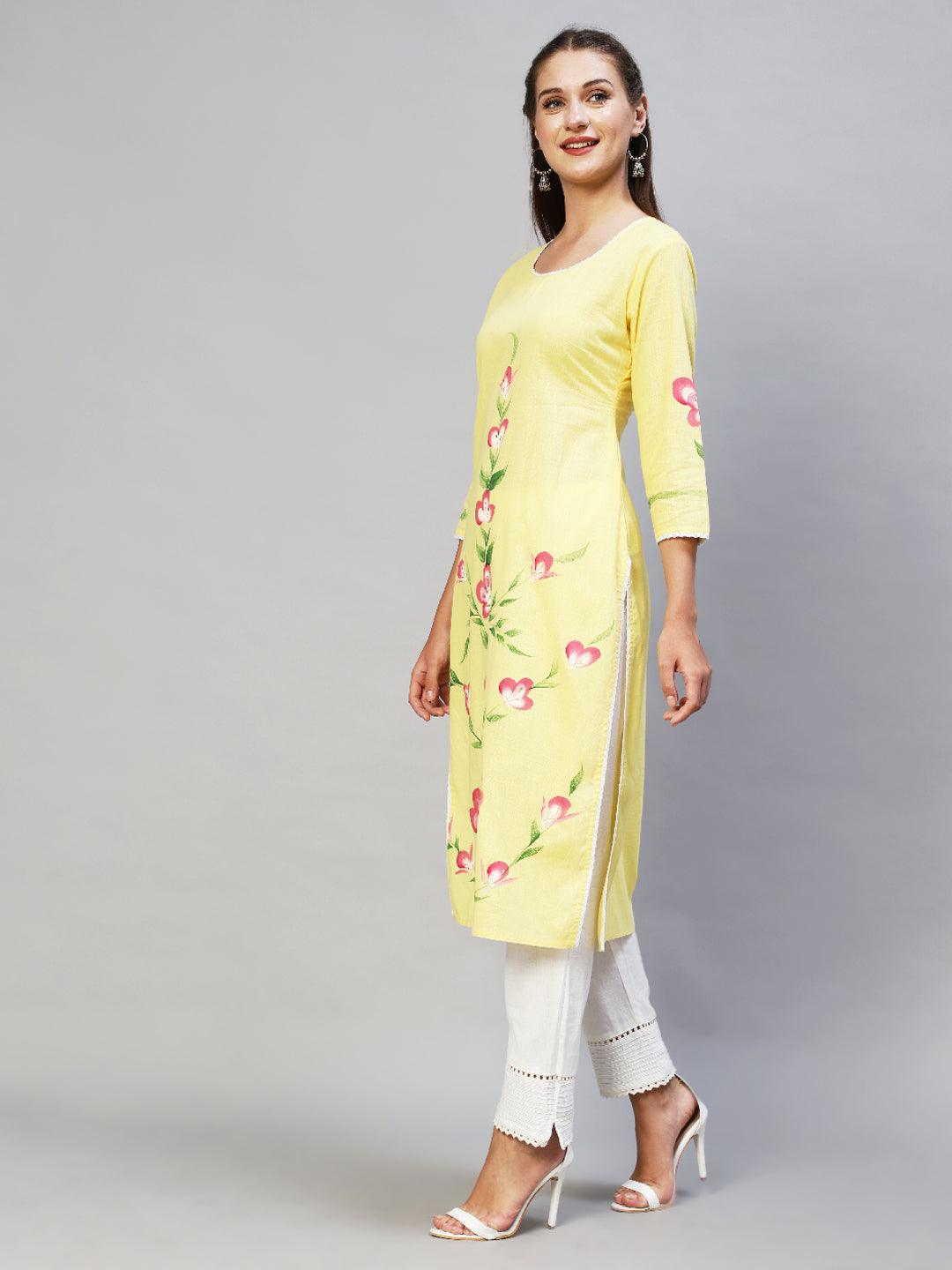 Floral Hand Painted Straight Fit Kurta - Yellow - Indiakreations