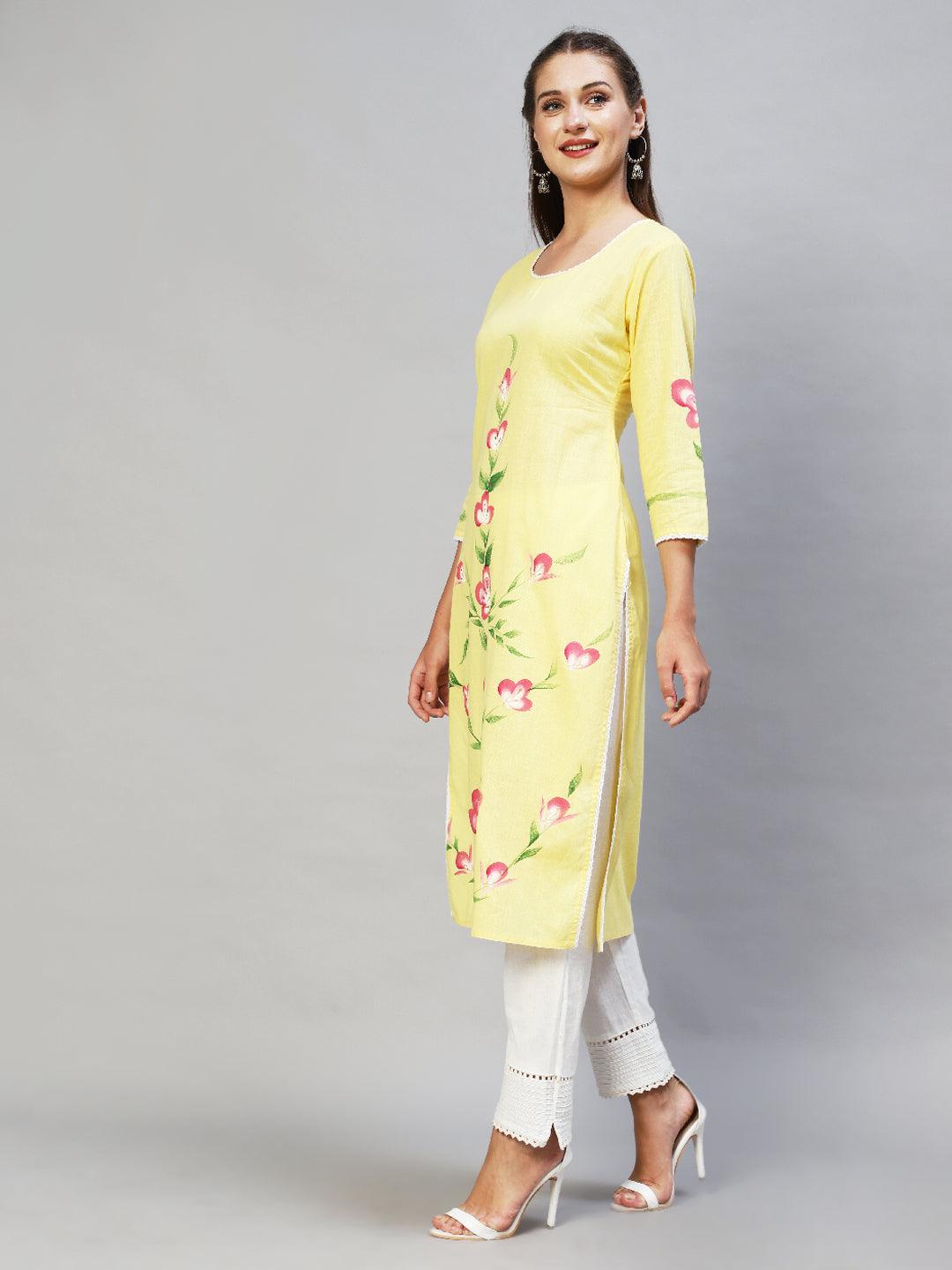 Floral Hand Painted Straight Fit Kurta - Yellow - Indiakreations