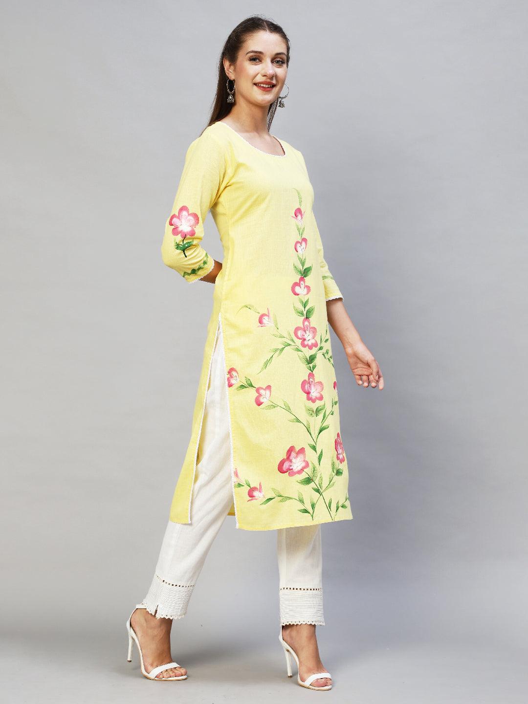 Floral Hand Painted Straight Fit Kurta - Yellow - Indiakreations