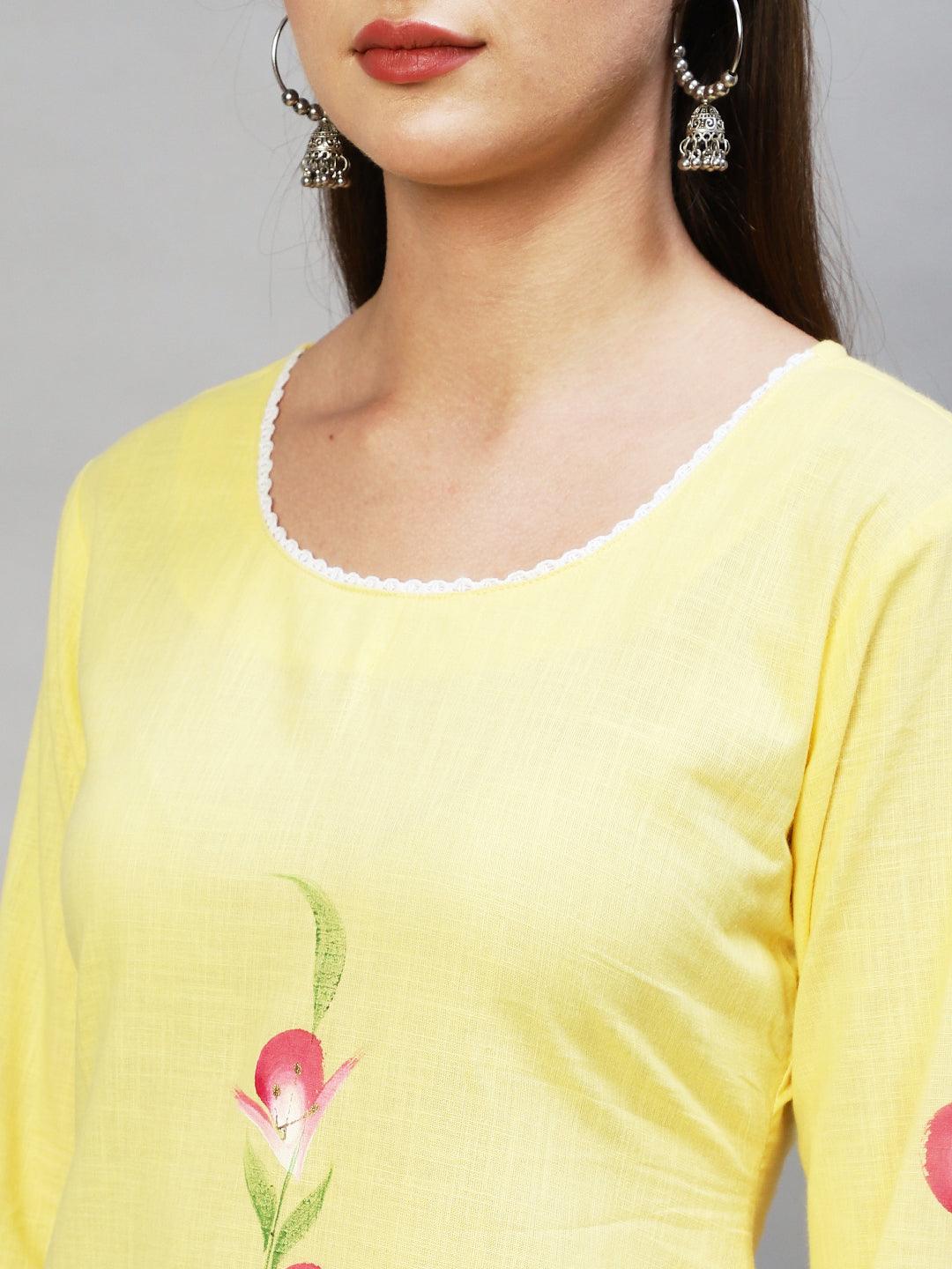 Floral Hand Painted Straight Fit Kurta - Yellow - Indiakreations