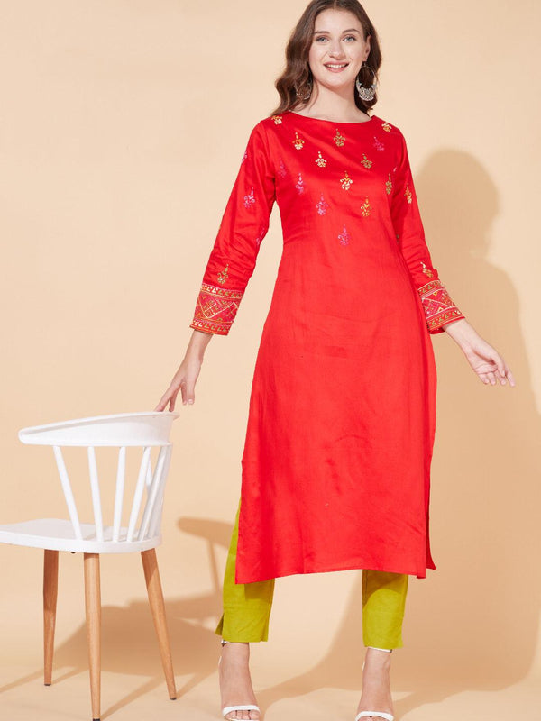 Ethnic Hand Embroidered Straight Fit Kurta - Bright Red - Indiakreations