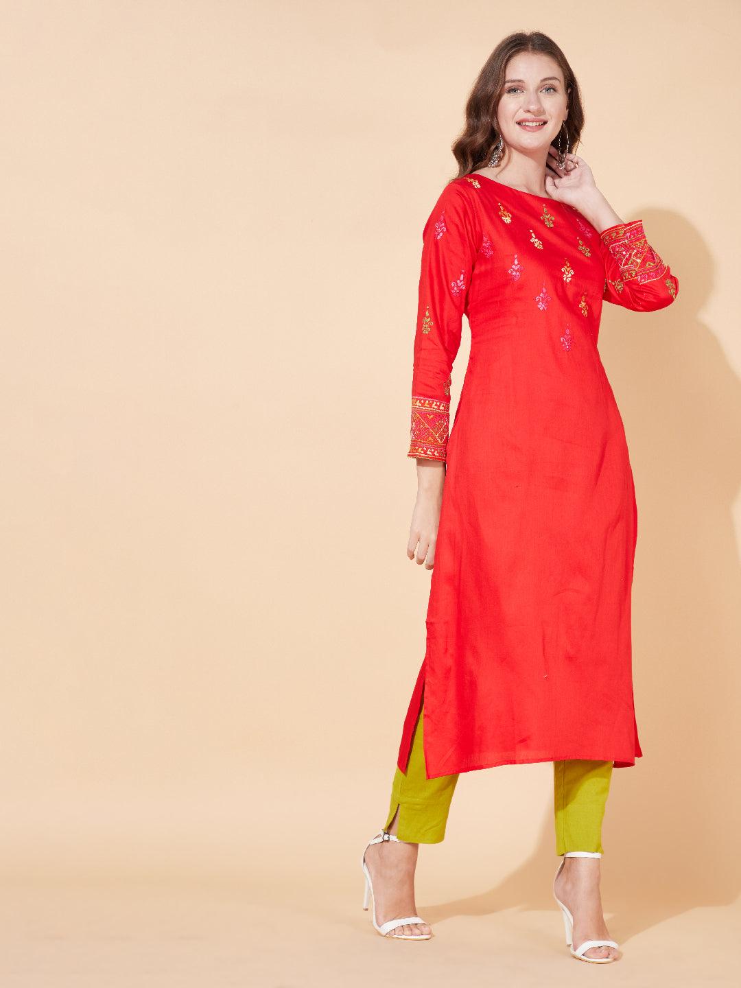 Ethnic Hand Embroidered Straight Fit Kurta - Bright Red - Indiakreations