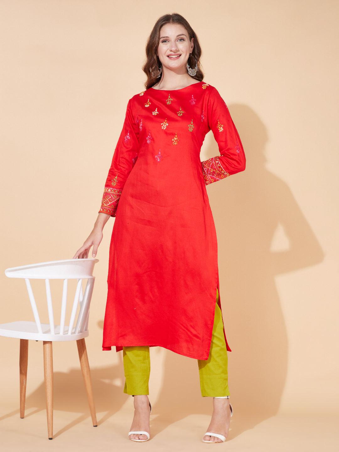 Ethnic Hand Embroidered Straight Fit Kurta - Bright Red - Indiakreations