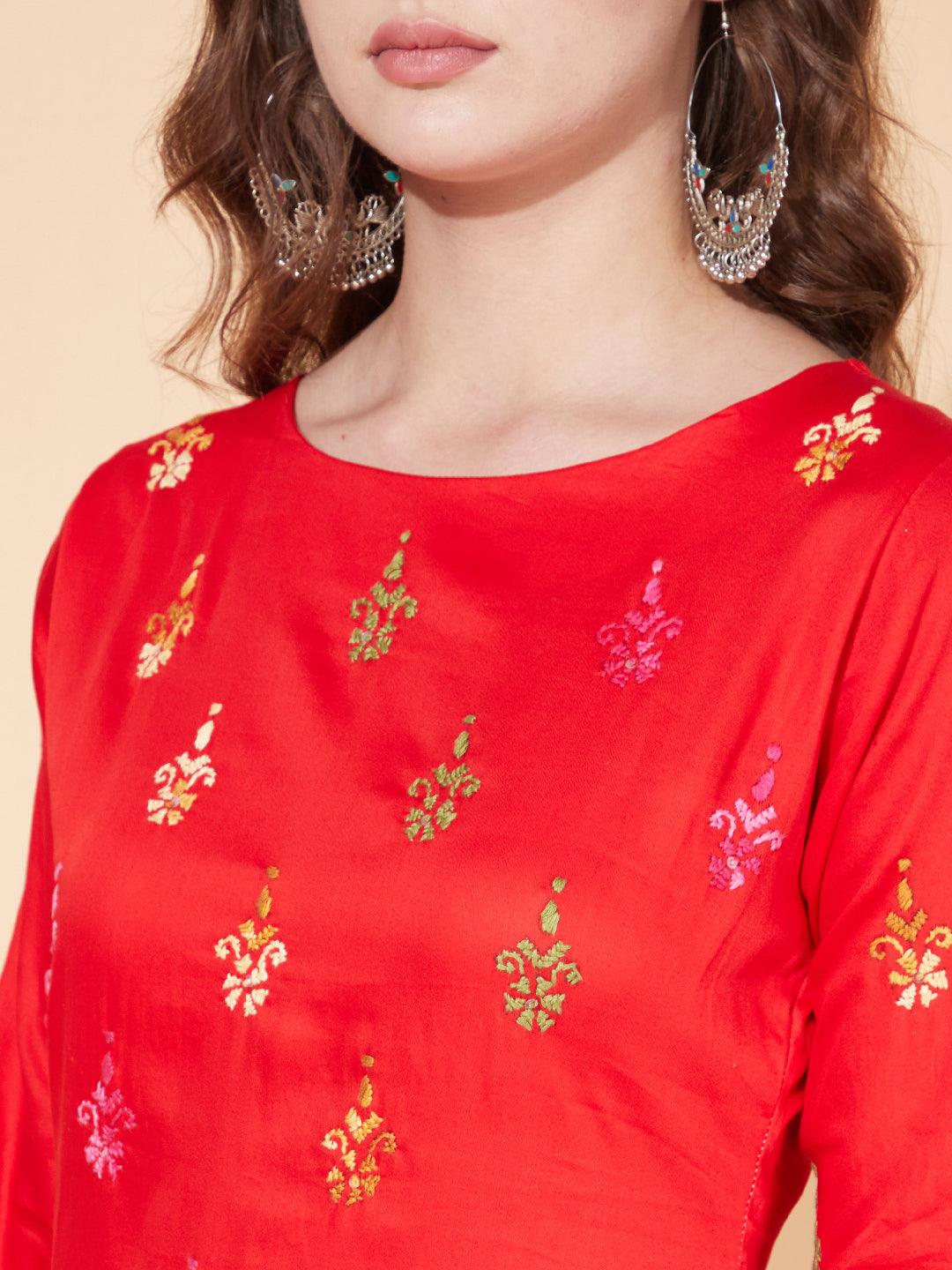 Ethnic Hand Embroidered Straight Fit Kurta - Bright Red - Indiakreations