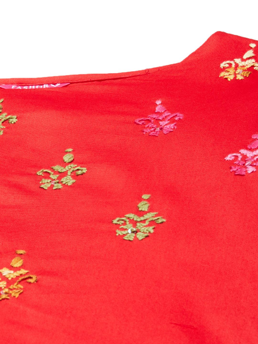 Ethnic Hand Embroidered Straight Fit Kurta - Bright Red - Indiakreations