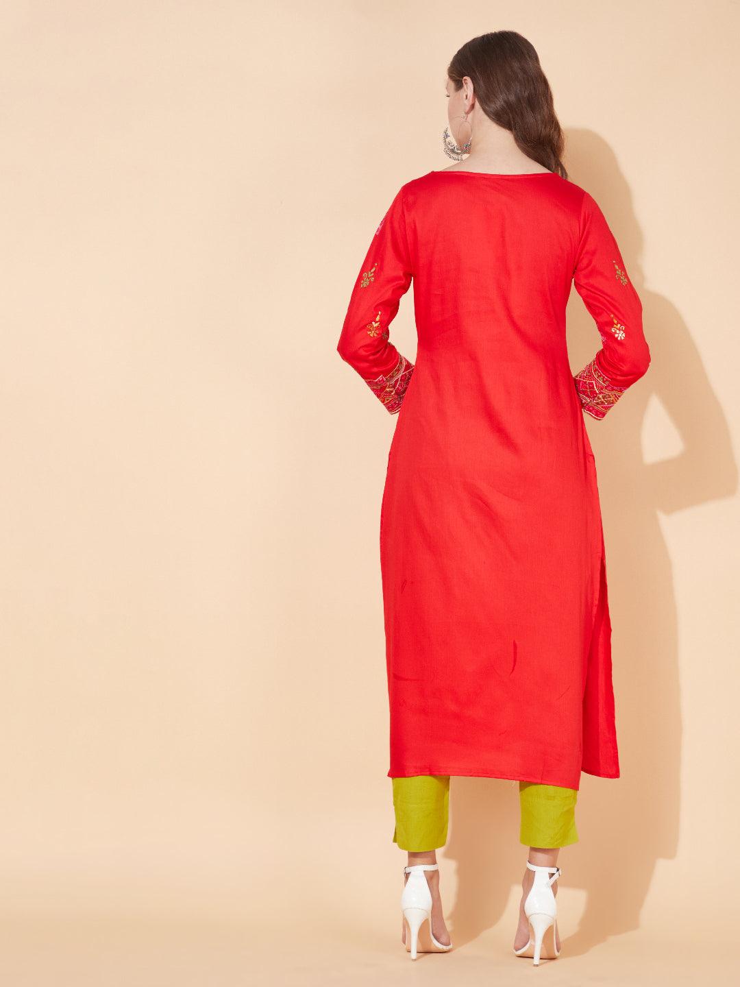 Ethnic Hand Embroidered Straight Fit Kurta - Bright Red - Indiakreations