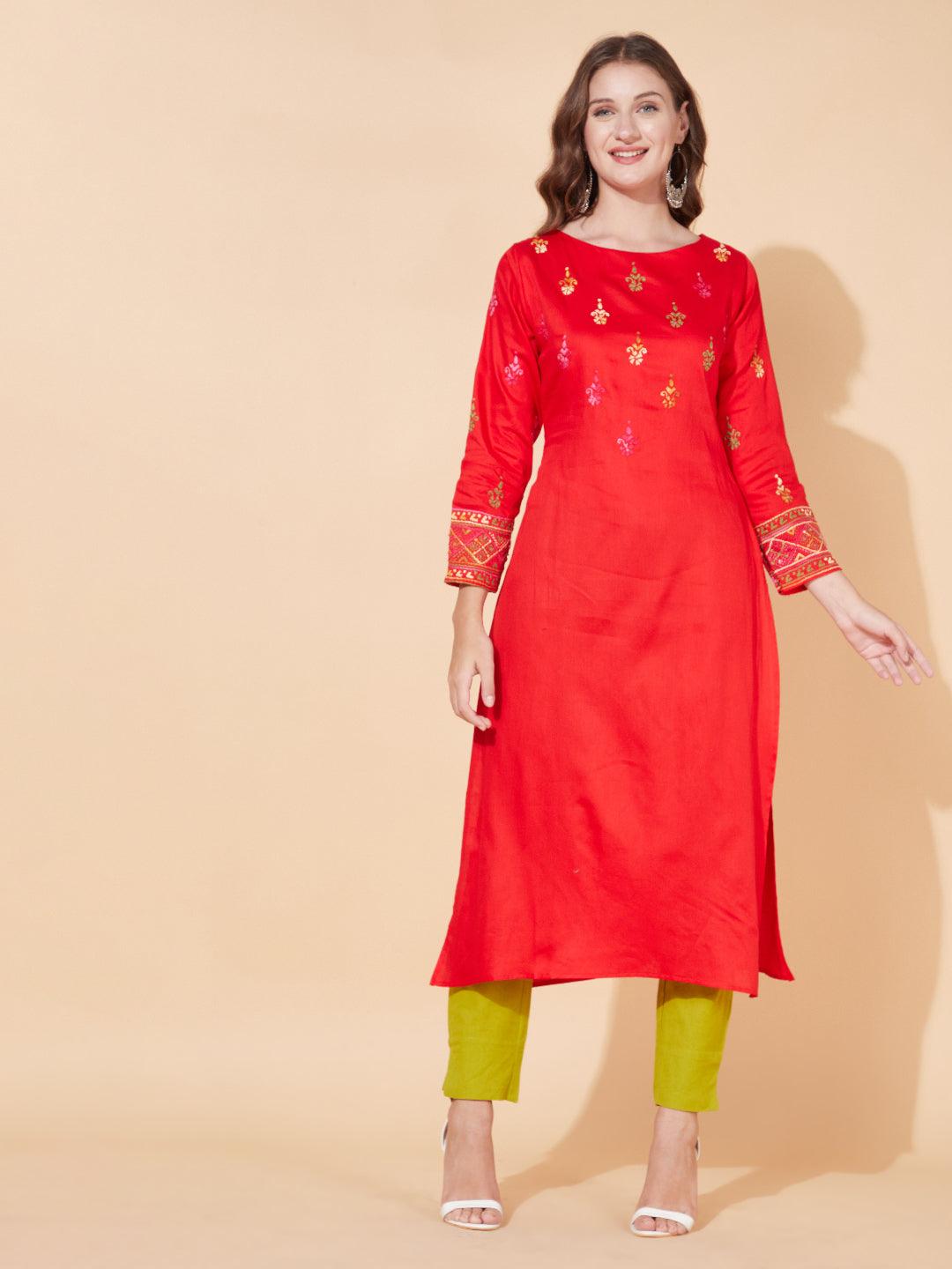 Ethnic Hand Embroidered Straight Fit Kurta - Bright Red - Indiakreations