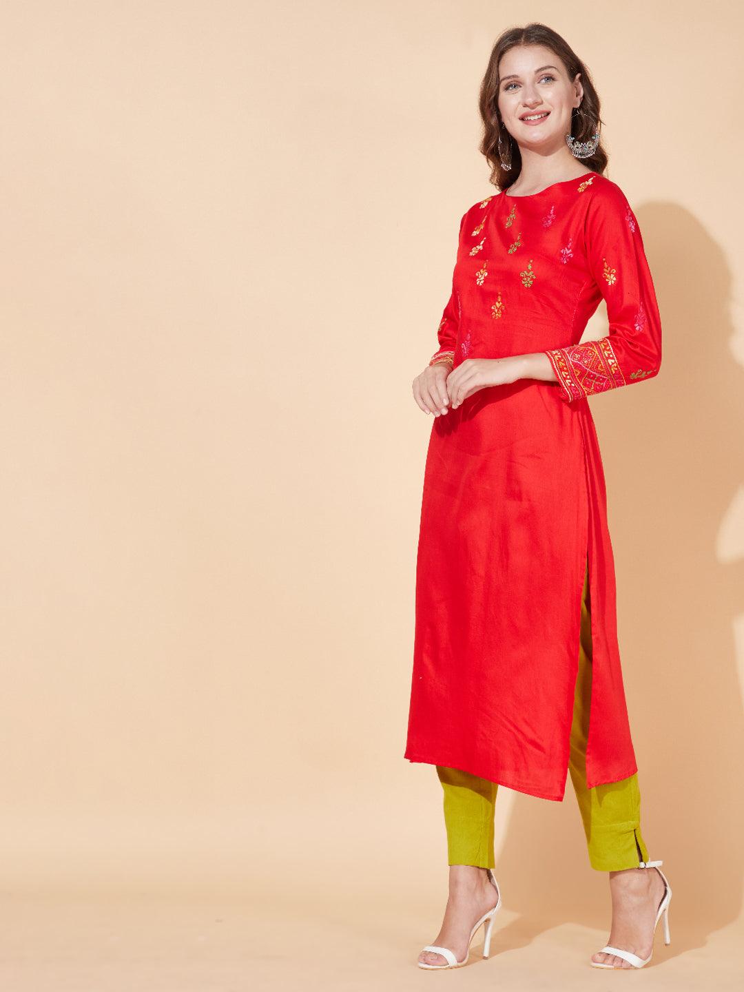 Ethnic Hand Embroidered Straight Fit Kurta - Bright Red - Indiakreations