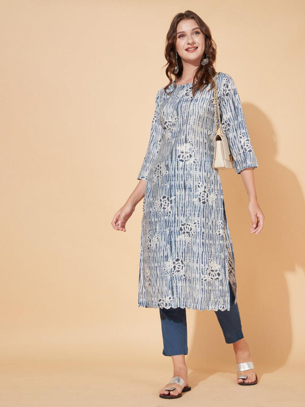 Tie-Dye & Floral Printed Straight Fit Kurta - Blue - Indiakreations