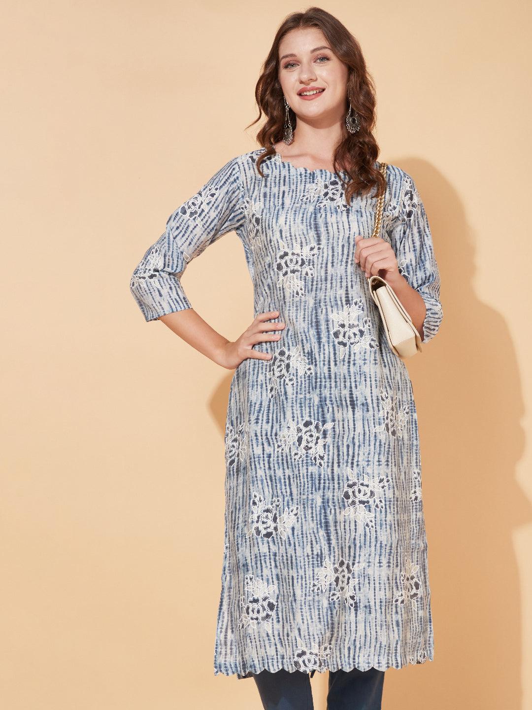 Tie-Dye & Floral Printed Straight Fit Kurta - Blue - Indiakreations