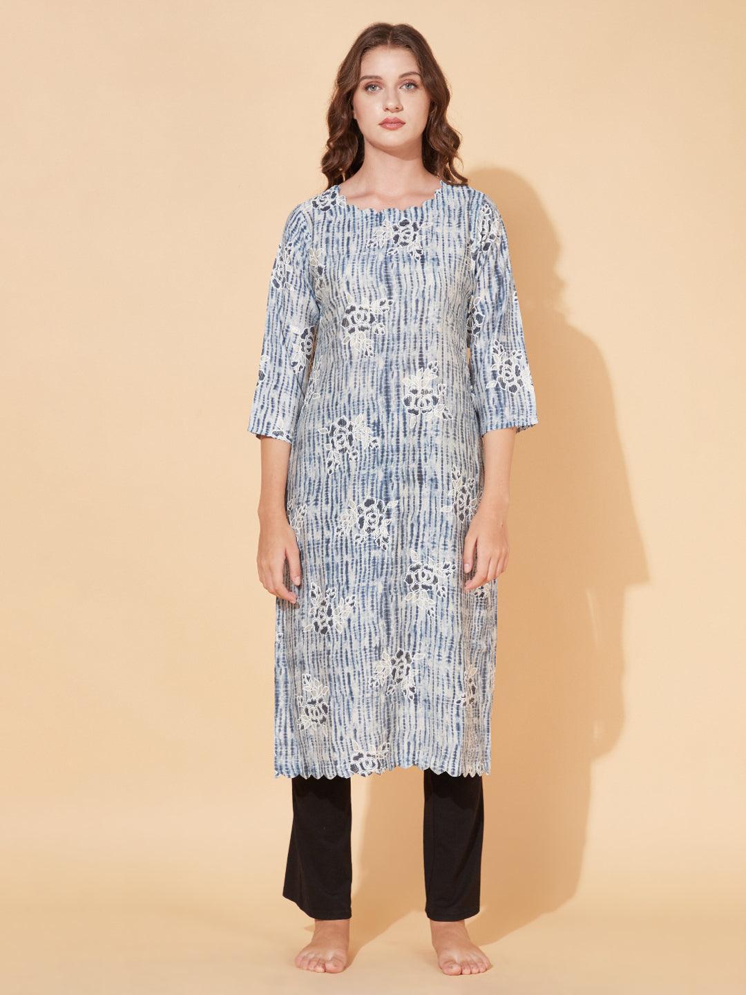 Tie-Dye & Floral Printed Straight Fit Kurta - Blue - Indiakreations