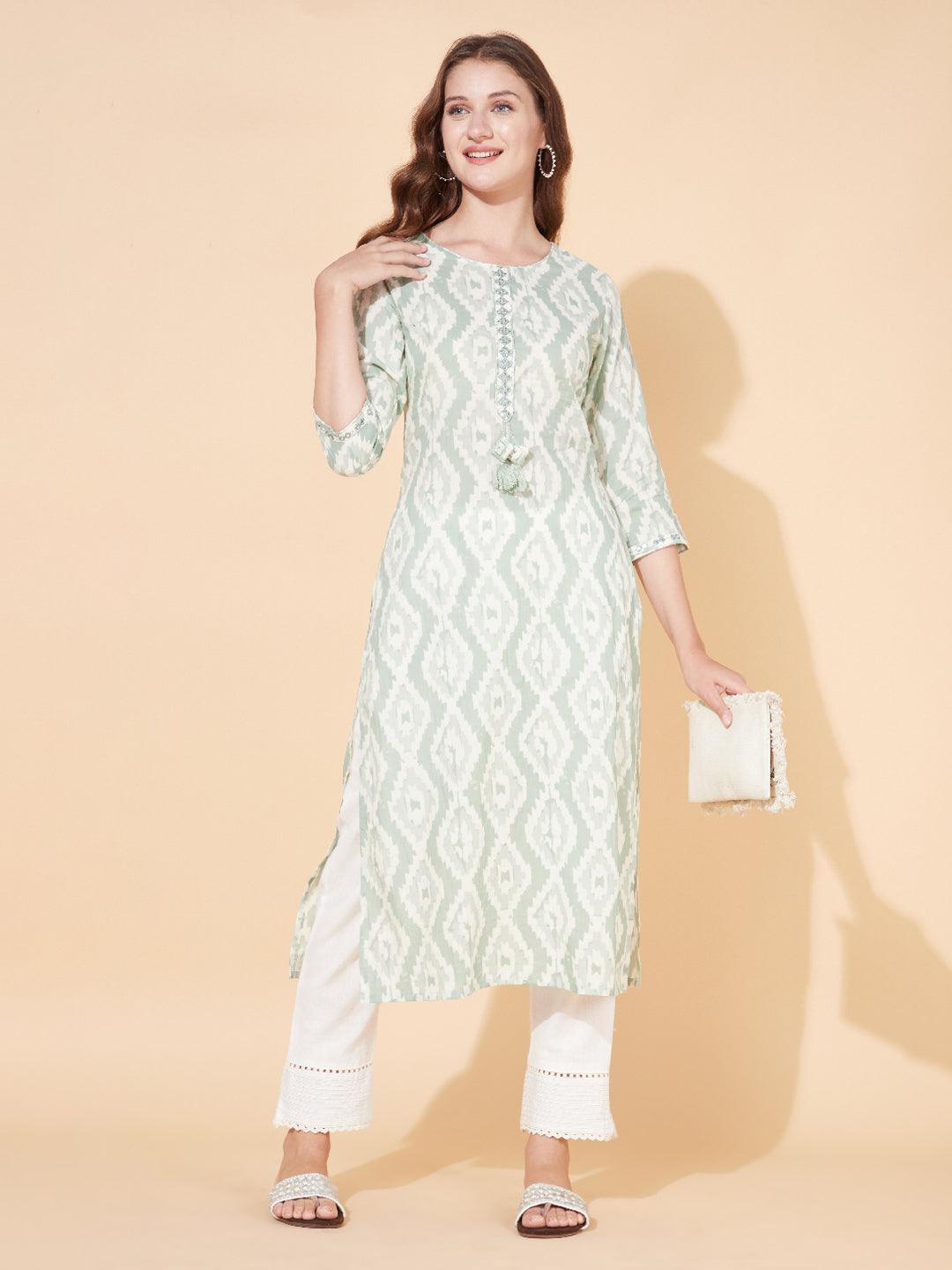 Ethnic Printed & Embroidered Straight Fit Kurta - Pastel Green - Indiakreations