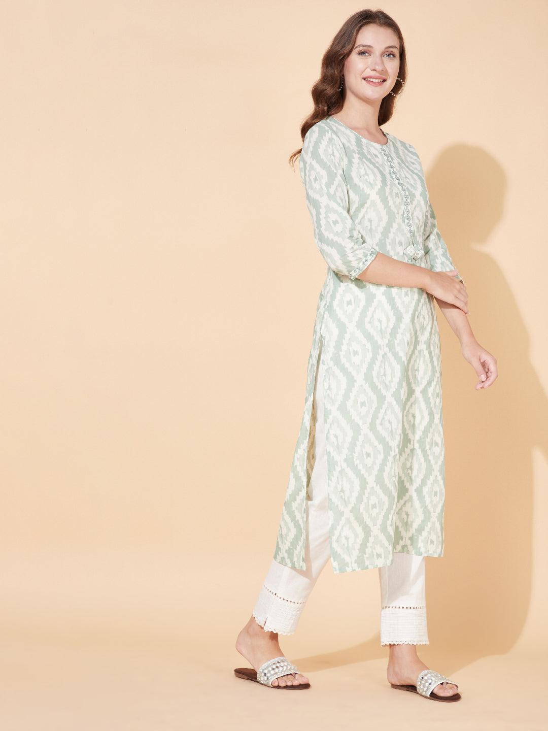 Ethnic Printed & Embroidered Straight Fit Kurta - Pastel Green - Indiakreations