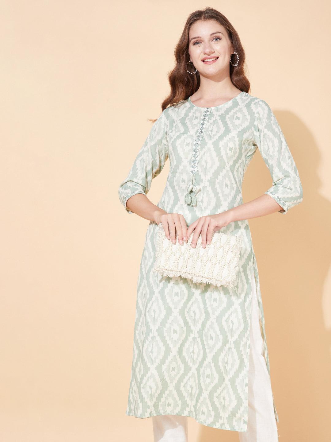 Ethnic Printed & Embroidered Straight Fit Kurta - Pastel Green - Indiakreations